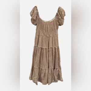 Altar'd State Brown Tiered Dress with Puff Sleeves